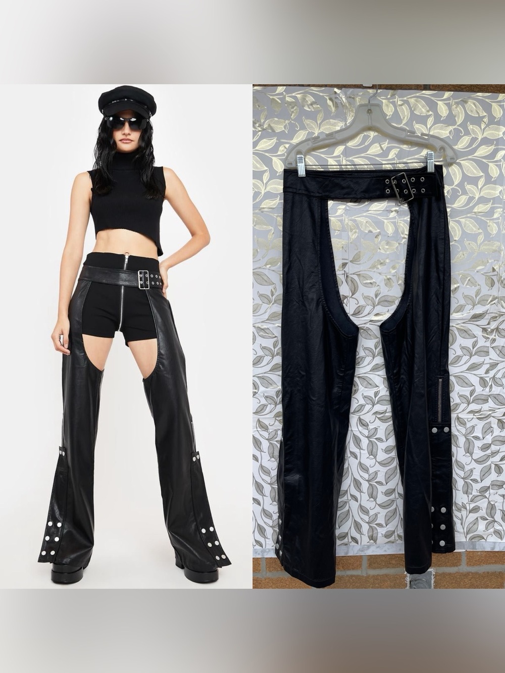 The Kript Vegan Leather Buckle Chaps Medium Y2K Biker Moto Festival Streetwear